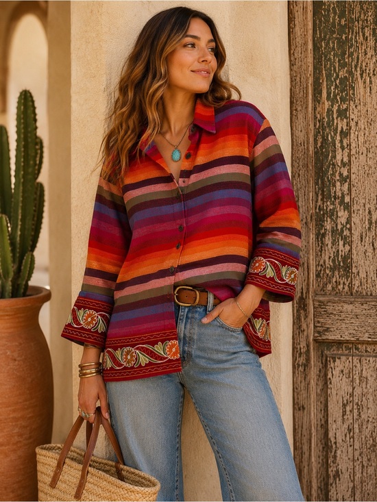 Tantrums Tops - TanTrums XL Rainbow Stripe Embroidered Cotton Button Down Boho Shirt
